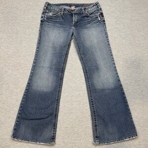 Silver Jeans Womens Blue Distressed Denim Tina Bootcut Double Button Waist Sz 32